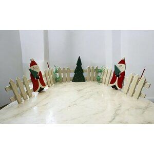 Vintage Santa and Christmas Tree White Picket Wooden Fence Holiday Decor